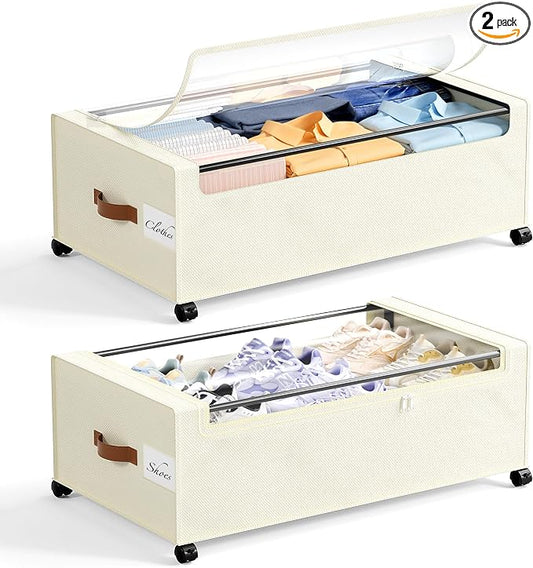 Yecaye 95 L Under Bed Storage with Wheels, 11 in Under Bed Storage Containers, Large Under Bed Shoe Storage with Lids, Rolling Underbed Storage bins for Clothes, Blankets, Beige