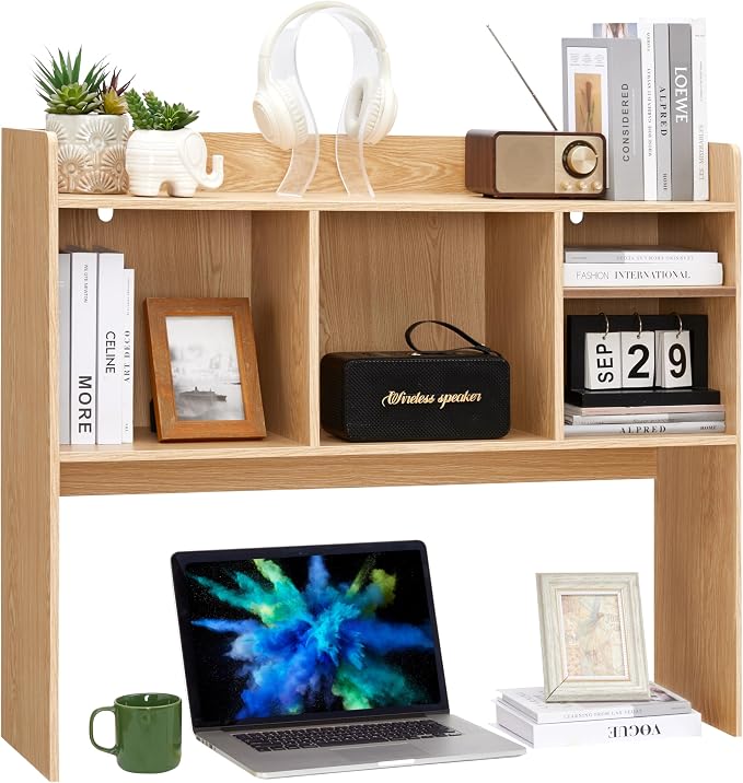 Nromant Desktop Bookshelf, Wooden Desk Storage Hutch with 6 Shelves for Computer Desk, 3-Tier Desktop Display Organizer Rack for Office Home (Natural)