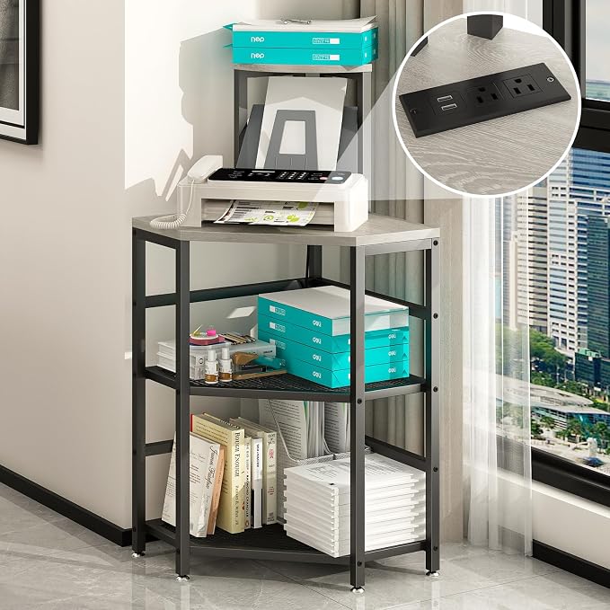 METYERRY 4-Tier Corner Printer Stand, Printer Table with Built-in Power Outlet and LED Lights, Multipurpose Corner Table with Grid Storage Shelf for Home and Office, Greige
