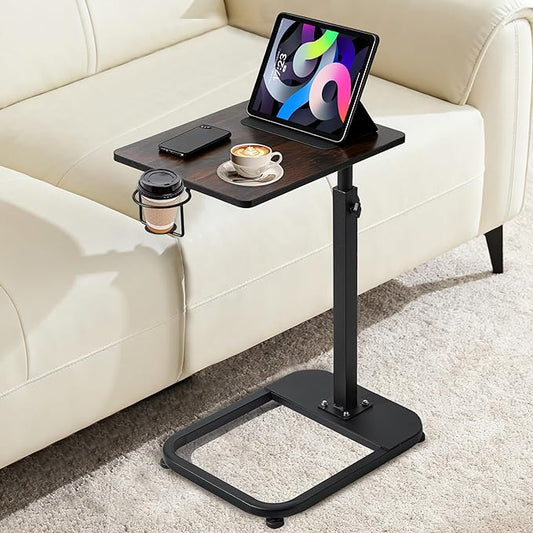 facka Adjustable TV Tray Table with Rounded Metal Corners, C-Shaped Snack Table for Couch, Sofa, Bed or Chair, Small Space Side Table for Eating, Dinner, or Laptop Use