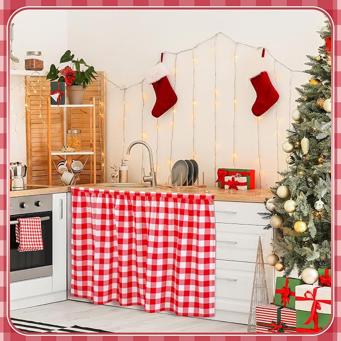 Cabinet Curtains 51 x 28 Inch Red and White Sink Skirt for Bathroom Kitchen Home Diamond Stitch Self Stick Adhesive Waterproof Fabric Farmhouse Rustic Drape Under Desk Privacy Drape Laundry Room