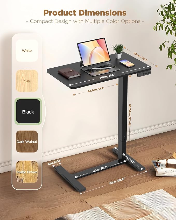 Overbed Bedside Table with Wheels, Electric Standing Desk Adjustable Height, Small Computer Desk for Home Office, Rolling Laptop Desk for Bed, Sofa, or Hospital Use (24"x16",Black)