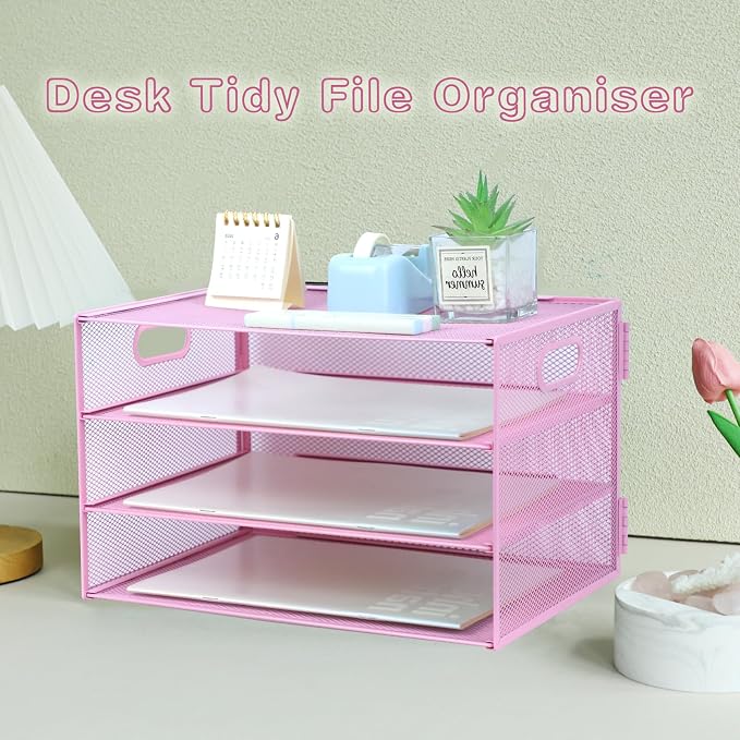 3 Tier Lettrer Tray Organizer, Metal Mesh Desk File Organizer with Sliding Trays, Paper Sorter Desk Organizer for Home Office School, Pink
