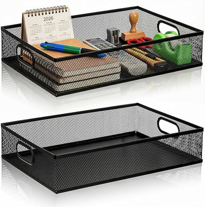 Elsjoy 2 Pack Desk Drawer Organizer Tray, Metal Mesh Desktop Storage Tray Office File Organizer with Handle, Portable Large Storage Basket for Office Supplies, Craft, Magazine, Paper