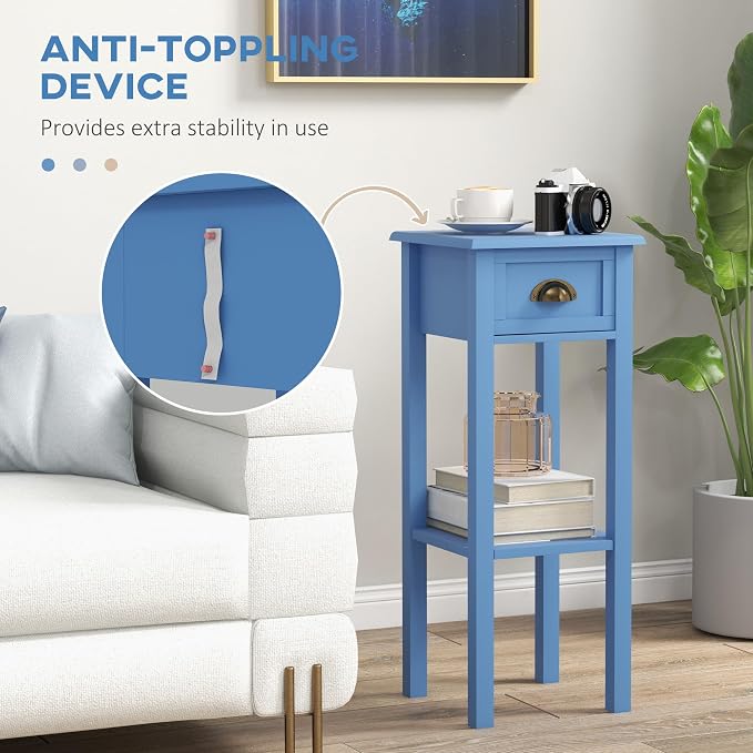 HOMCOM Narrow End Table with Drawer and Bottom Shelf, Slim Side Table for Small Spaces, Skinny Modern Accent Desk for Living Room, Set of 1, Light Blue