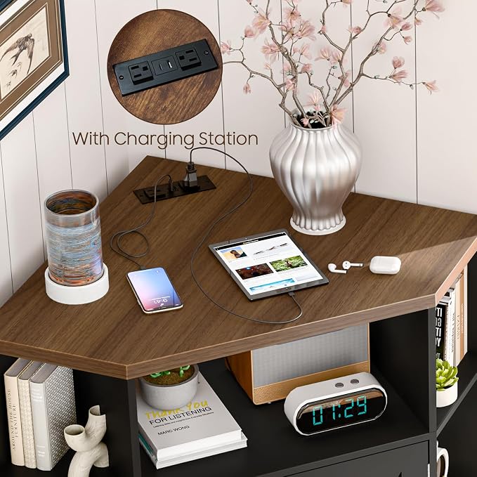 Halitaa Corner Storage Cabinet, Farmhouse Corner Bookshelf with Storage 6-Cubby Wooden Cabinet with USB Ports and Outlets Industrial Organizer for Small Space, Study, Playroom, Black and Brown