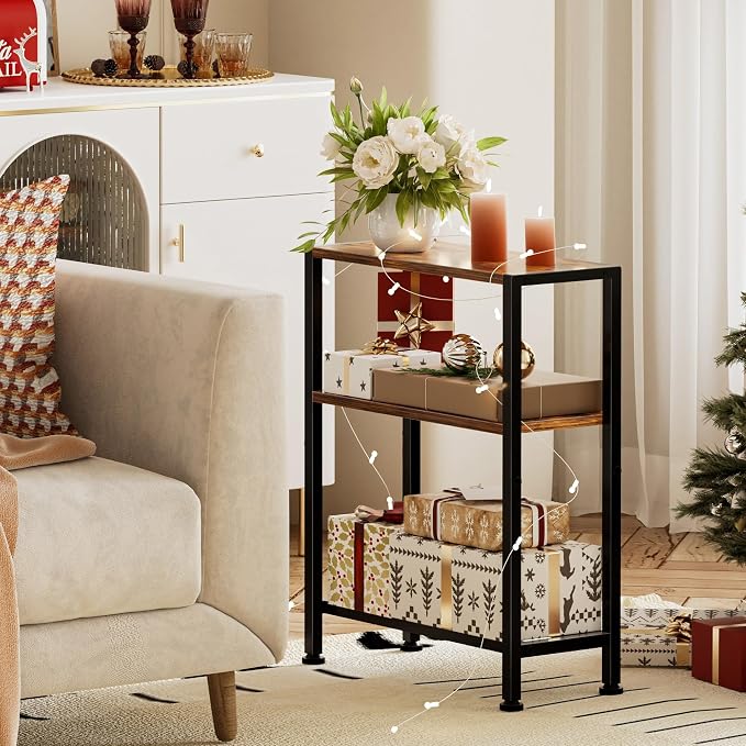 Narrow Side Table for Small Space, 2-Tier Small End Table with Shelf Holder, Slim Nightstand, Skinny Snack Couch Table in Living Room, Bedroom, Study, Kitchen and Balcony (Rustic Brown &Black)