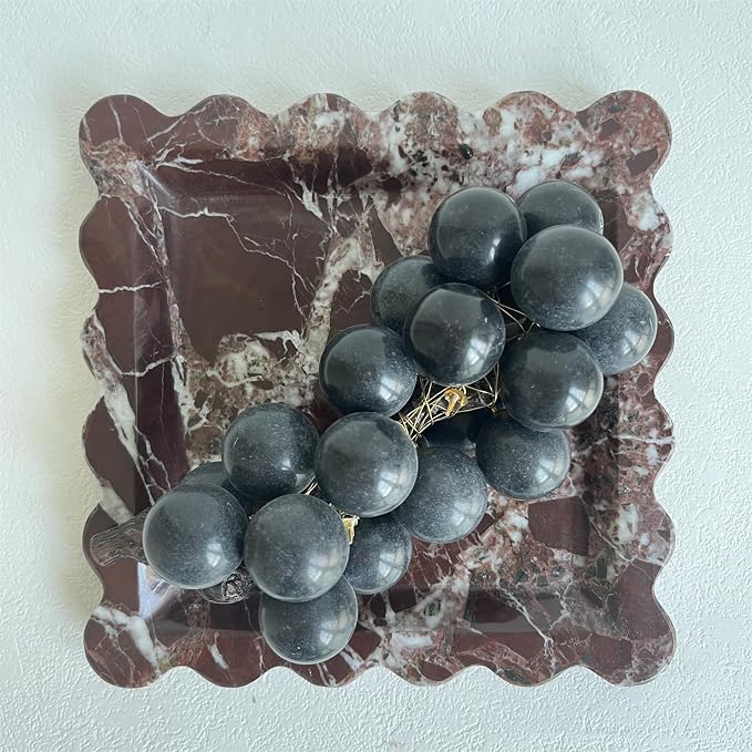 Vintage Natural Marble Tray Small Ornaments Scalloped Tray Handmade Storage Dish for Counter, Vanity, Dresser, Nightstand and Desk (Rosa Levanto)