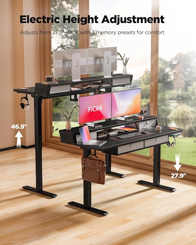 FiCiHi Electric Standing Desk with Four Drawers, 55 x 24 Inch Adjustable Height Sit Stand Desk, C-Clamp Compatible Home Office Desk with Storage Shelf & Monitor Stand Riser, Classical Black
