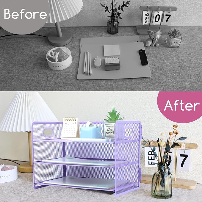 3 Tier Lettrer Tray Organizer with Handle, Metal Mesh Desk File Organizer with Sliding Trays, Paper Sorter Desk for Home Office School, Purple