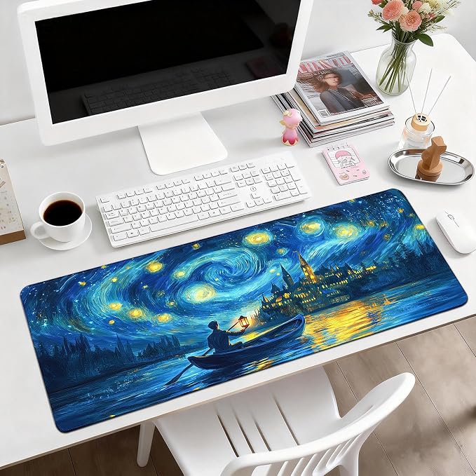 Gaming Desk Mat with Silky Smooth Surface & Exquisite Patterns,31.5x11.8 Inches Large-Sized Mouse Pad, Perfect for Extended Gaming,Work,and Home Office Decor (Van Gogh Oil Painting 1)