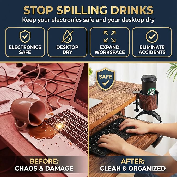 Luxury 2-in-1 Desk Cup Holder with Headphone Hanger for Office, Home, Gaming(Wooden Design)