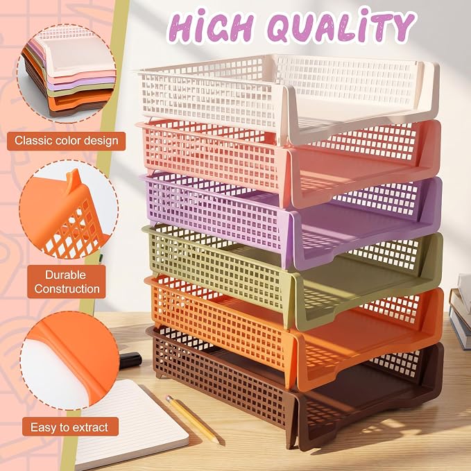 Tenceur 6 Pcs Turn in Trays Classroom, Stackable Tray for Classroom Plastic Storage Baskets Teacher Organizers for Library Drawers Office Desk(Trendy,Terrazzo Colors,13.3 x 9.5 x 2.7 Inches)