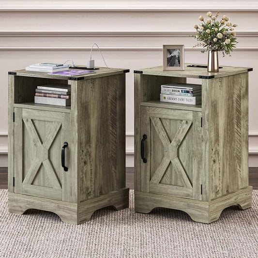 RoyalCraft 25" Tall Nightstand Set of 2, Farmhouse Nightstand with Charging Station, Large End Table with Storage, Wooden Rustic Bedside Table for Bedroom, Light Grey