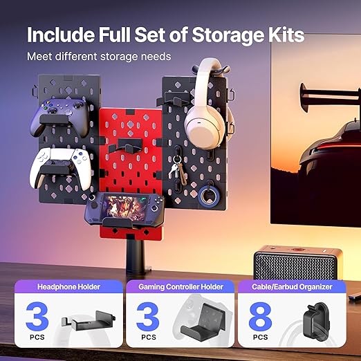 PEGZONE Modular Headphone and Controller Holder for Game, Clamp-on Pegboard, Rotatable Controller Stand with Cable Hooks, Gaming Accessory for Xbox PS5 PS4 Nintendo Switch, 3Pcs Pegboard, Red