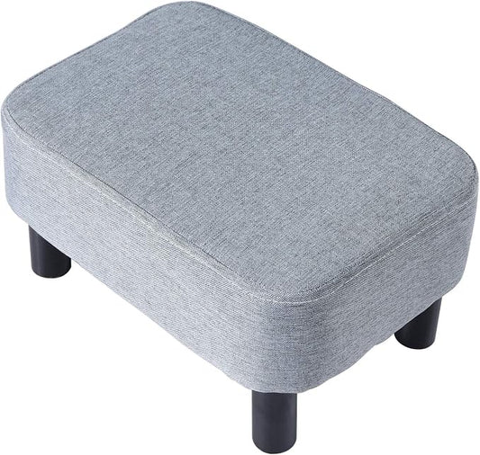 IBUYKE 16.54" Small Footstool Linen Fabric Pouf Ottoman Footrest Modern Home Bedroom Rectangular Stool, with Padded Seat Pine Wood Legs, Gray Blue RF-BD214-D