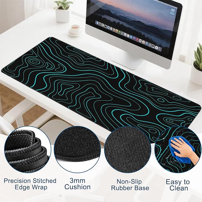 Gaming Desk Mat with Silky Smooth Surface & Exquisite Patterns,31.5x11.8 Inches Large-Sized Mouse Pad, Perfect for Extended Gaming,Work,and Home Office Decor (Blue Topographic Lines)