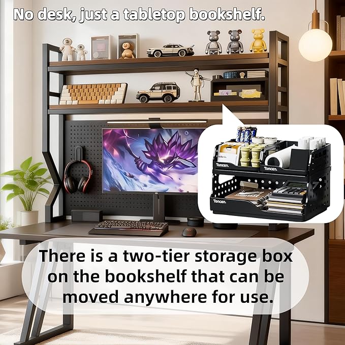 Desktop Hutch Bookshelf,Many Gifts,Metal Desktop Bookcase with pegboard, Desk Shelf, Countertop Storage Organizer Rack for Dorm or Office,Desktop Shelves (Natural+Black, 53.1" Lx9.9 Wx39 H)