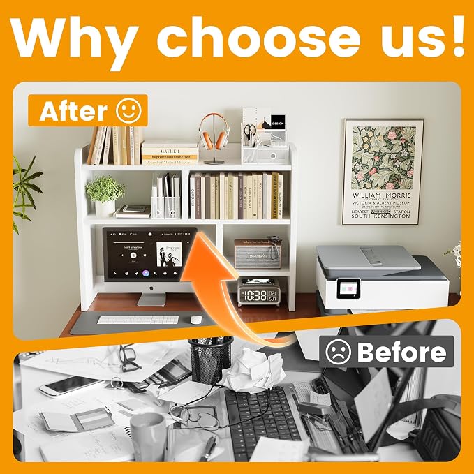 Desk Shelf, Desktop Hutch with 6 Storage Areas, Desktop Organizer Shelf with 27" Large Monitor Compartment, Multipurpose Wood Desktop Display Rack for Computer Desk, Dorm, Office, Home (White)