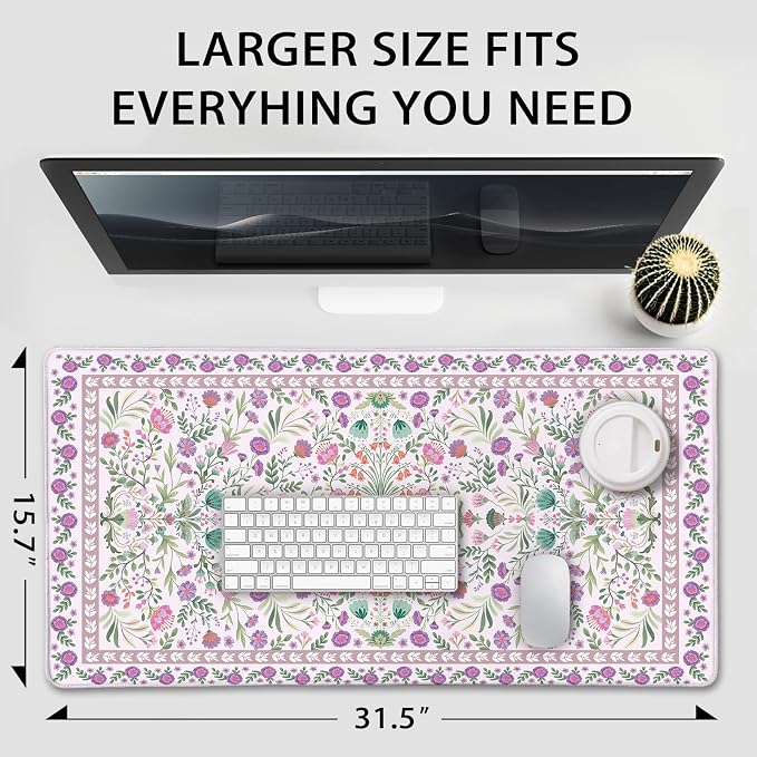 Purple Floral Desk Mat, 31.5"x15.7" Large Mouse Pad, Anti-Slip Rubber Base Keyboard Pad with Stitched Edges, Water-Resistant Smooth Desk Blotter, Computer Mat for Home Office Desk
