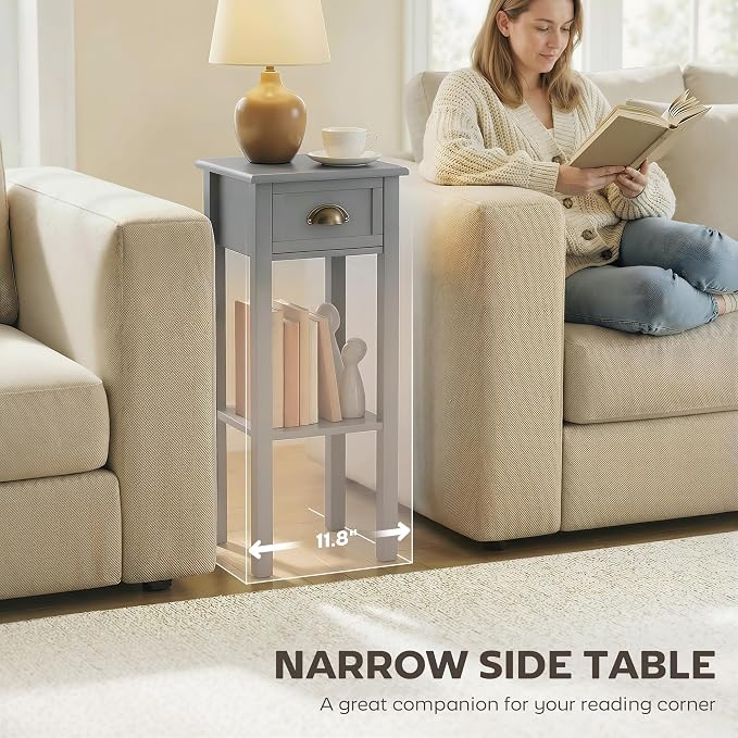 HOMCOM Narrow End Table with Drawer and Bottom Shelf, Slim Side Table for Small Spaces, Skinny Modern Accent Desk for Living Room, Set of 1, Gray