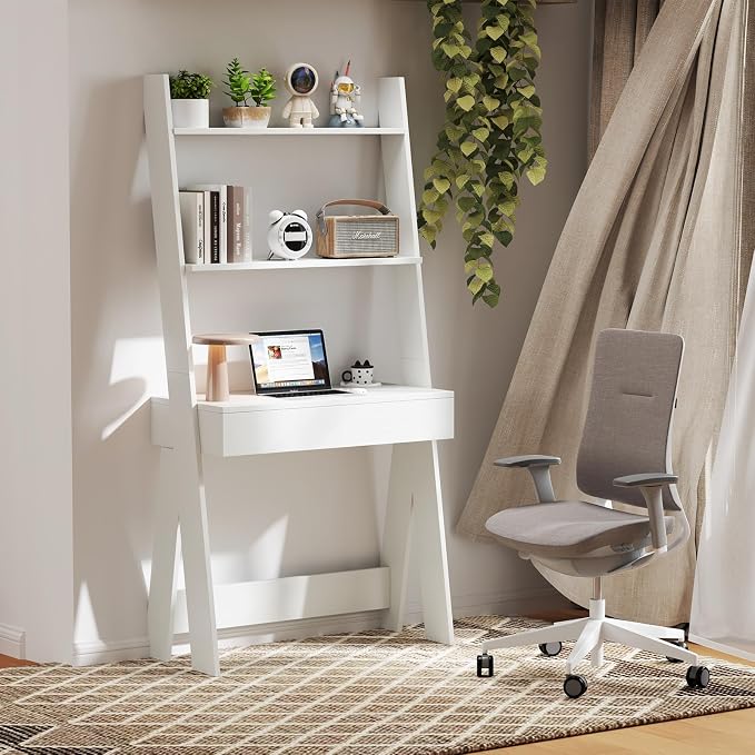 Tangkula Ladder Desk with Countertop & Drawer, Home Office Computer Laptop Table with Open Shelves & Anti-Tip Kits, Wall-Leaning Compact Working Station for Small Spaces (White)
