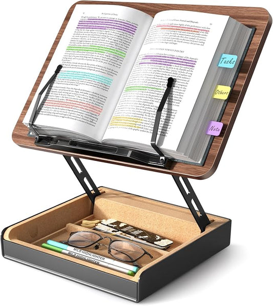 Book Stand with Storage, Book Holder for Reading Hands Free, Wooden Cookbook Stand for Kitchen Counter, Adjustable Reading Stand for Desk, Recipe Stand, Book Prop for Book Lovers