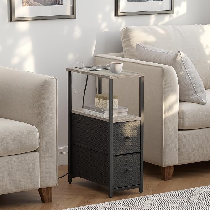 TUTOTAK Small Narrow End Table with Charging Station, Set of 2, Side Table with Outlets, Nightstand with 2 Cloth Drawers, Couch Table, for Living Room, Bedroom, Bedside, Greige TB01BG055