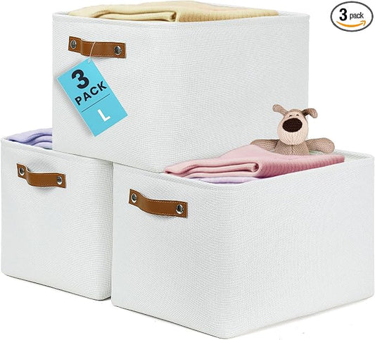 OrganiHaus 15x11in Canvas Storage Baskets 3 Pack | LARGE Fabric Bins for Shelves | Closet & Bedroom Storage | Full Off-White