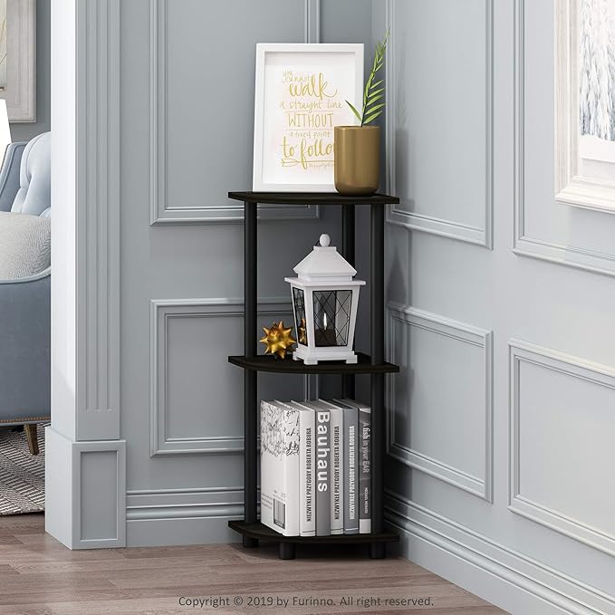 Furinno Turn-N-Tube Toolless Assembly 3-Tier Corner Shelf, Black Corner Book Shelf, Open Shelves Bookshelf, for Organization and Storage, Living Room, Home Office, Bedroom, Black Espresso