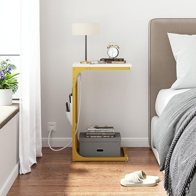 TUTOTAK C Shaped End Table with Charging Station, Side Table for Sofa, Couch Table with Storage Bag, TV Tray Table with 2 USB Ports and Outlets for Living Room, Bedroom, White and Gold TB01BWG024