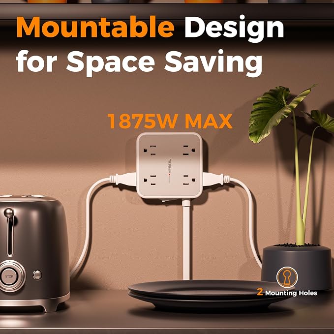 TESSAN Surge Protector Power Strip, 5 Ft Flat Plug Extension Cord with 4 USB (3 USB C) 8 Outlets, 1875W, 900J Protection, 3 Sided Outlet Extender with Power Switch for Office, Dorm Room, Grey