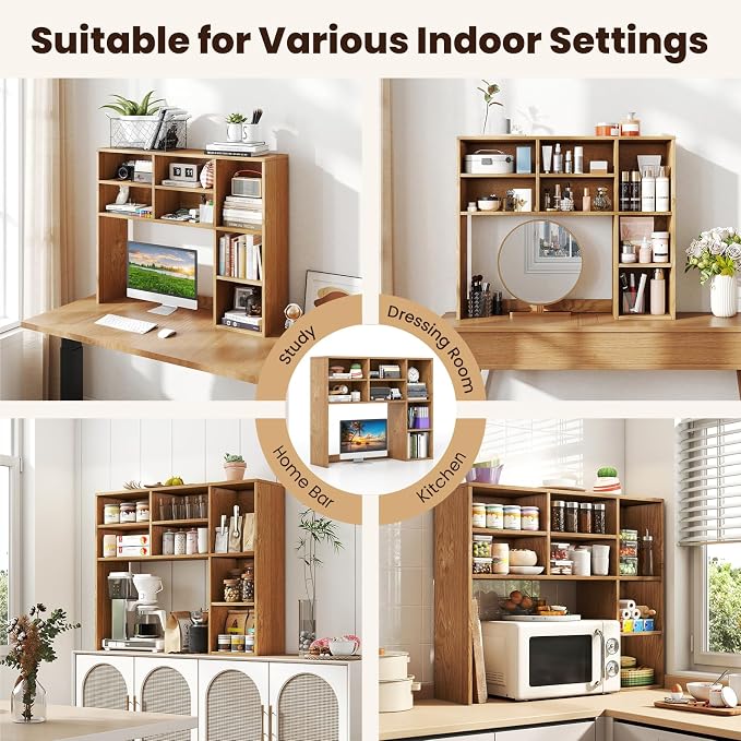 Giantex Desktop Bookshelf, Desk Hutch Dorm w/ 7 Cubes & 3 Adjustable Shelves, Desk Shelf for Up to 27" Computer Monitors, Wooden Desktop Storage Organizer for Dorm College Office Homem, Natural
