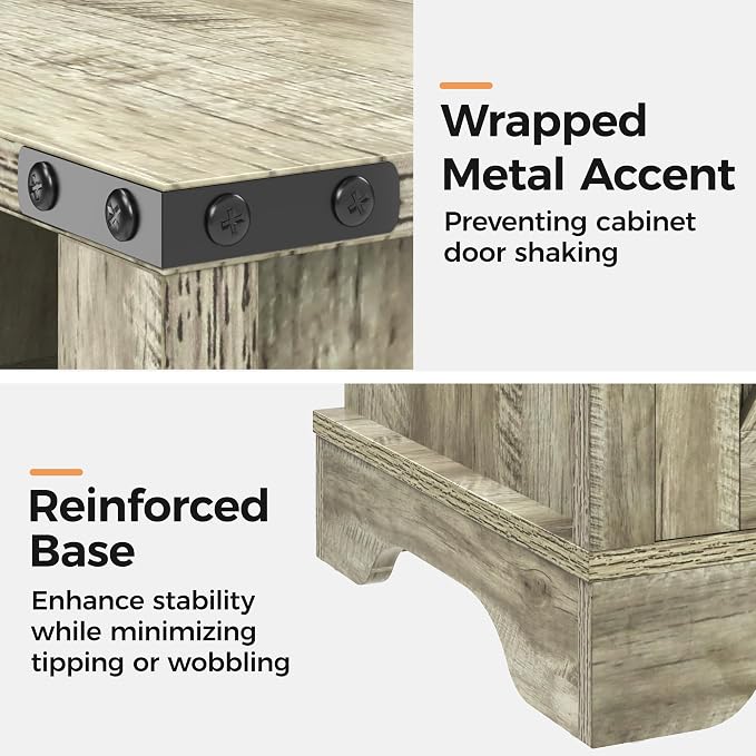 RoyalCraft 25" Tall Nightstand Set of 2, Farmhouse Nightstand with Charging Station, Large End Table with Storage, Wooden Rustic Bedside Table for Bedroom, Light Grey