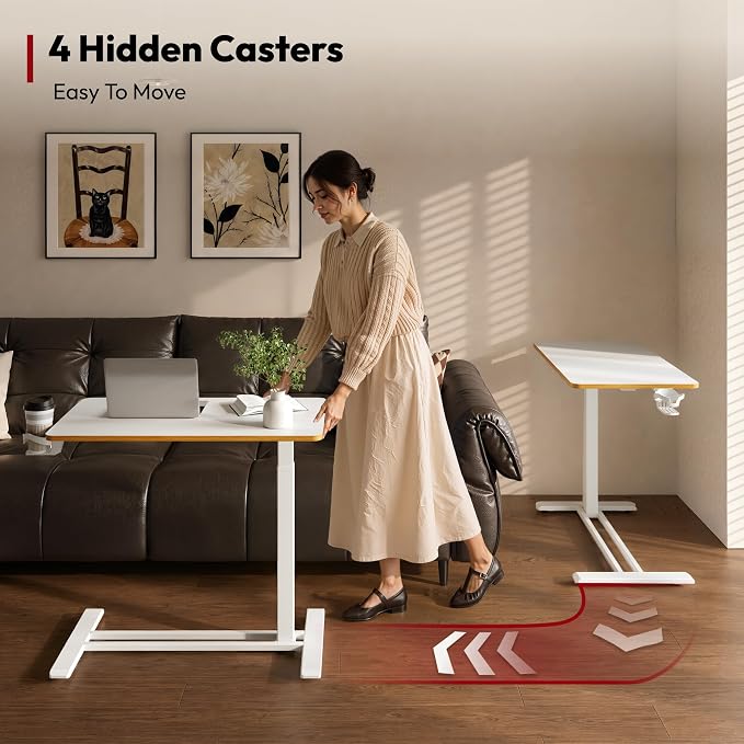 SANODESK Medical Adjustable Overbed Bedside Table with Hidden Casters, Pneumatic Mobile Laptop Computer Standing Desk Cart Overbed Table with Tray, Hospital and Home Use(27.6" W x 15.7" D, White)