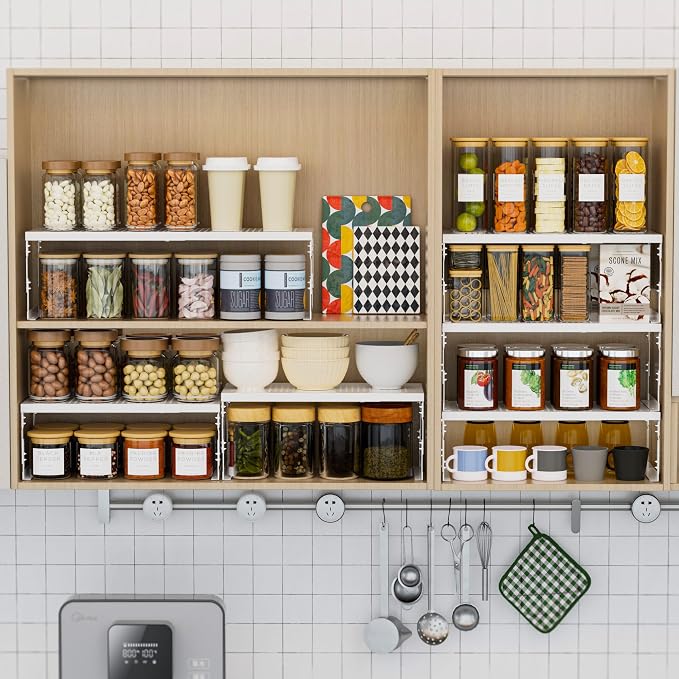 Stackable Expandable Metal Shelf Organizer - Adjustable Wire Storage Rack with Holes for Kitchen, Bathroom, Cabinet, Office - Space Saving, Durable & Sturdy Design（3PACKS/Large/White