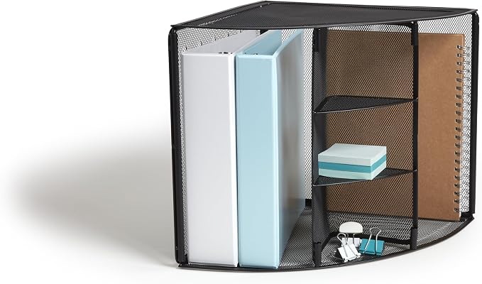TRU RED Wire Mesh Corner Desk Organizer, 4‑Compartment – Space‑Saving Desktop Storage for Files & Office Supplies