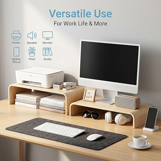 APRTAT Wood Monitor Stand Riser, Solid Woodon Dual Monitor Riser with Storage, 2-Tier Natural Monitor Riser with Storage, Computer Stand Keyboard Organizer