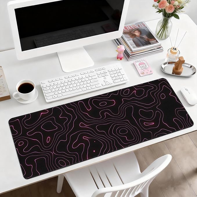 Gaming Desk Mat with Silky Smooth Surface & Exquisite Patterns,31.5x11.8 Inches Large-Sized Mouse Pad, Perfect for Extended Gaming,Work,and Home Office Decor (Red Topographic Lines)
