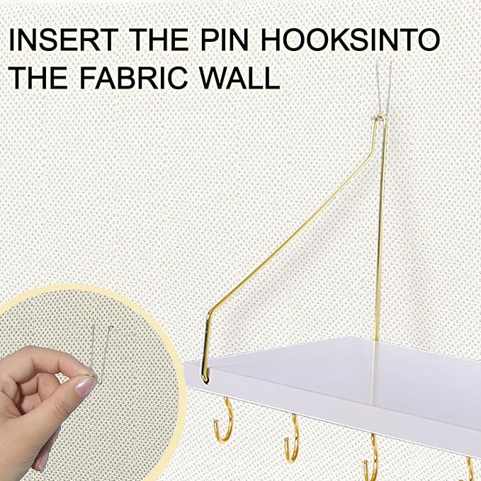 1-Pack Cubicle Shelf For Fabric Walls With Hooks：12x6.0in White Wooden Cubicle Shelf Hanging Organizer Gold Shelves Accessories Office Stylish Ations cubical Decorations For Women Desk work storage