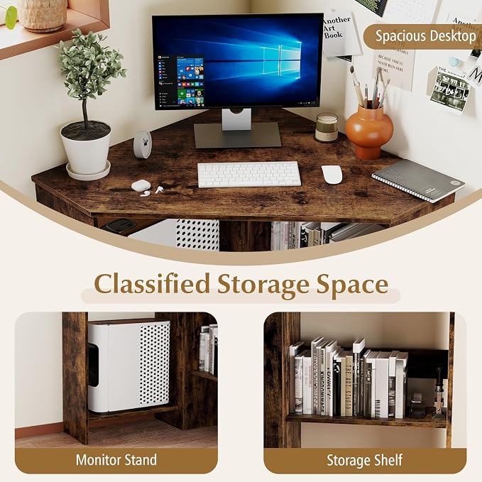 Giantex Corner Desk, Space-Saving Triangle Computer Desk with Storage Shelves & CPU Stand, Modern Makeup Vanity Table for Bedroom, Writing Desk for Small Spaces (Rustic Brown)