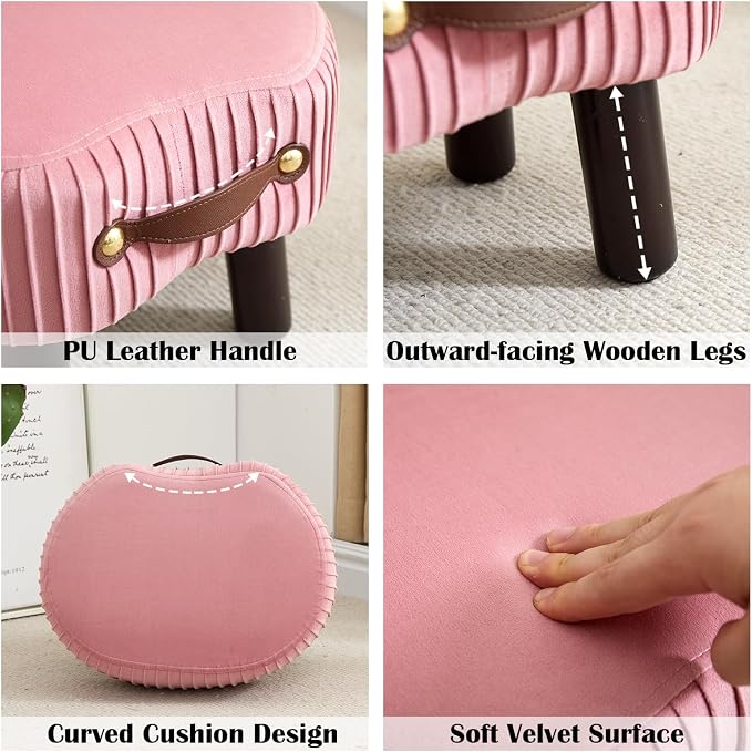 Foot Stools Small, Ottomon with Handle, Velvet Footrest Ottoman | Curved Foot Stool with Padded Seat Wooden Legs, Portable Foot Rest for Living Room, Bedroom, Entryway (Pink)