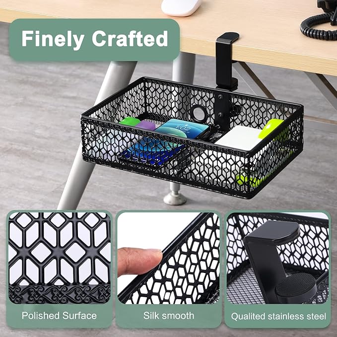 ROSYLINE OSYLINE Heavy Duty Clamp On Under Desk Drawer Organizer Storage Tray Basket with Non-Slip Pad Hanging Mount for Home Office Studio Bedroom or Dorm (Black)
