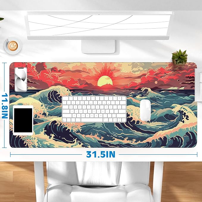 Gaming Desk Mat with Silky Smooth Surface & Exquisite Patterns,31.5x11.8 Inches Large-Sized Mouse Pad, Perfect for Extended Gaming,Work,and Home Office Decor (Japanese Waves 1)
