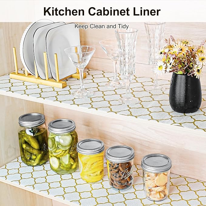 Drawer and Shelf Liner for Kitchen Cabinet,Non-Adhesive Cabinet Liner 18in x 20FT,Waterproof Shelf Paper Non-Slip Mats Cupboard Liner Contact Protect Dresser/Shelves/Table-Golden Lantern