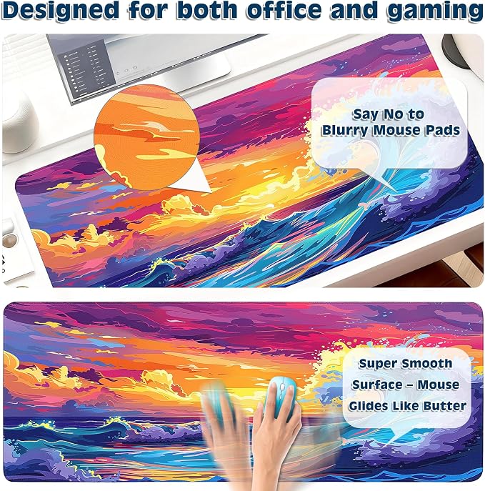 Gaming Desk Mat with Silky Smooth Surface & Exquisite Patterns,31.5x11.8 Inches Large-Sized Mouse Pad, Perfect for Extended Gaming,Work,and Home Office Decor (Japanese Waves 3)