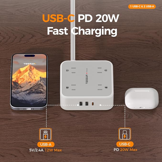 TESSAN Surge Protector Power Strip, 25 Ft Flat Plug Extension Cord with 3 USB (1 USB C 20W PD) 8 Outlets, 1250W, 900J Protection, 3 Sided Outlet Extender with Power Switch for Office, Dorm Room, Grey