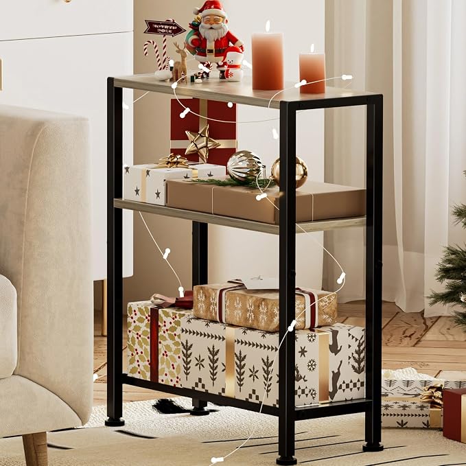 Narrow Side Table Set of 2 for Small Space, 2-Tier Small End Table with Shelf Holder, Slim Nightstand, Skinny Snack Couch Table in Living Room, Bedroom, Study, Kitchen and Balcony (Greige)