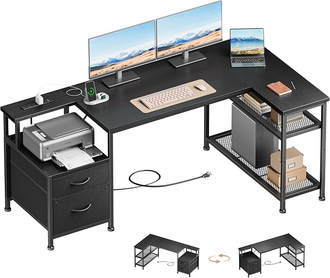 Furologee 57 Inch L Shaped Computer Desk with Power Outlets, Reversible Home Office Desk with Fabric Drawers, File Cabinet, Printer Table, Metal Storage Shelves, Corner Desk for Small Space, Black