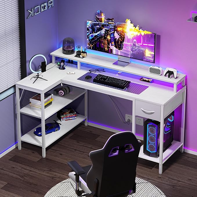 DUMOS 47" Gaming Desk with USB Charging Ports & LED Lights, Reversible L-Shaped Corner Computer Table for Small Spaces, Power Outlets, Monitor Stand & Storage Shelves Included, White